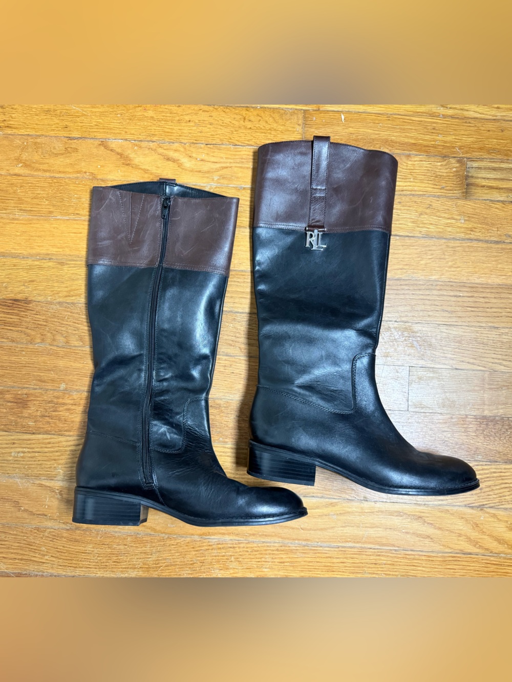 Lauren Ralph Lauren Black Leather Riding Boots with Brown Cuff